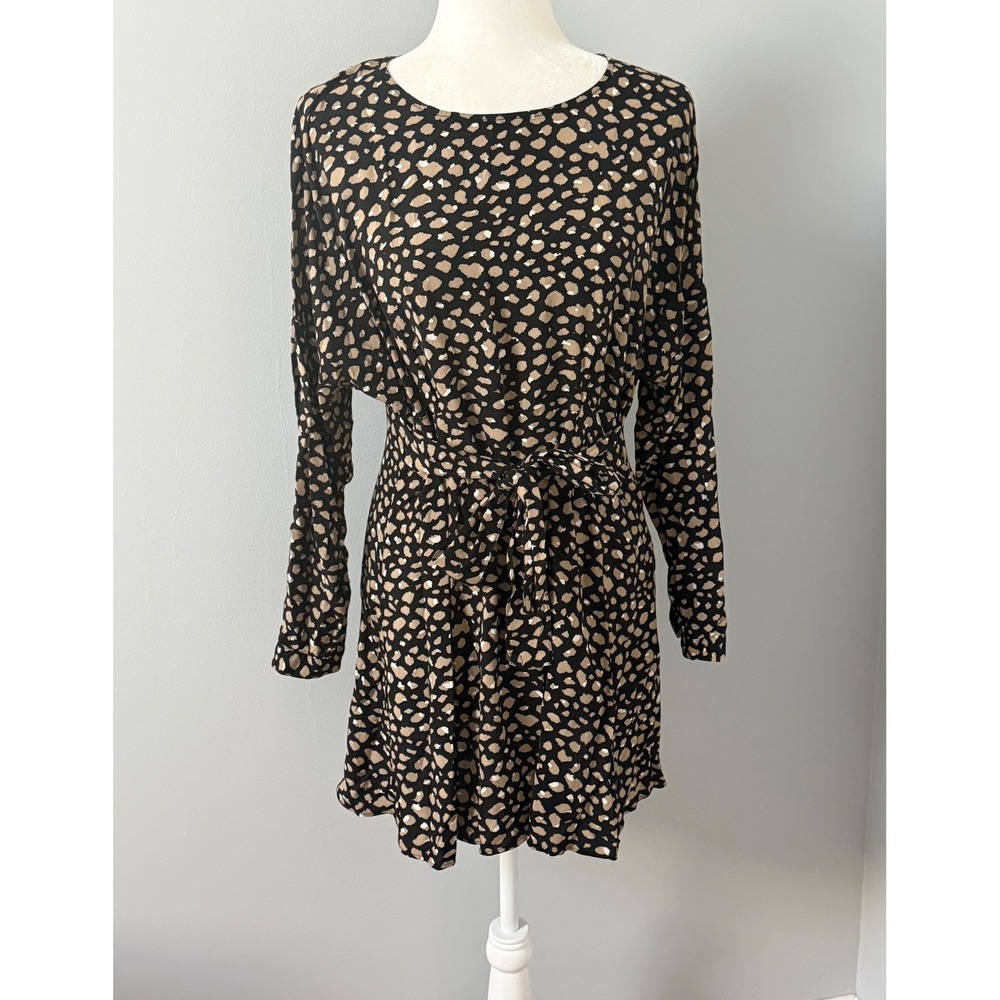 Zara Women Animal Print Long Sleeve Mini Dress Tie Waist Tan Black Size M